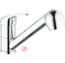 Einhebel-Küchenarmatur mit herausziehbarer Geschirrbrause in Chrom, geeignet für Niederdruck.