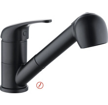 Schwarze matte Spültischarmatur mit ausziehbarer Geschirrbrause und Einhebelmischer, geeignet für Niederdruck.