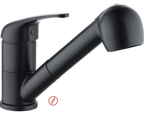 Niederdruck-Küchenarmatur Series Imai mit Handbrause schwarz matt Schwarze matte Spültischarmatur mit ausziehbarer Geschirrbrause und Einhebelmischer, geeignet für Niederdruck.