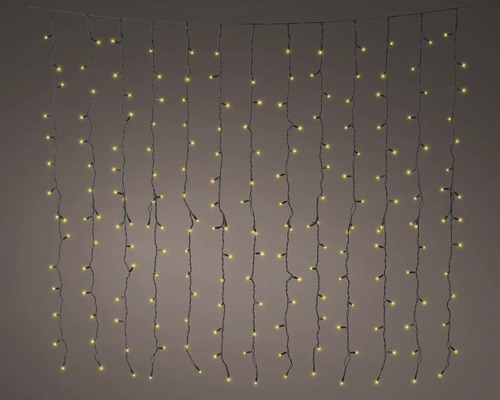 LED-Lichtervorhang mit vertikal hängenden Schnüren und vielen kleinen Leuchten.