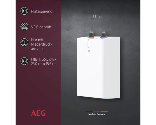 AEG Kleinspeicher U5 in Weiß, Maße 36,5 mal 23 mal 15,5 Zentimeter, platzsparend, VDE geprüft, für Niederdruckarmaturen, Made in Germany, AEG Logo.