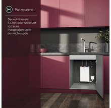 Kompakter 5-Liter-Boiler platzsparend installiert im Unterschrank unter einer Küchenspüle.