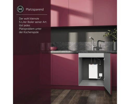 Kompakter 5-Liter-Boiler platzsparend installiert im Unterschrank unter einer Küchenspüle.