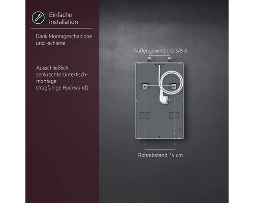 Rückansicht eines Untertisch-Durchlauferhitzers mit Montageschiene, Bohrabstand 14 Zentimeter und Außengewinde G 3/8 A.