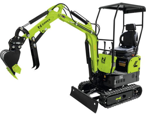 Zipper Minibagger in Grün und Schwarz mit Schaufel, Greifer, Kettenfahrwerk und Schutzdach für Bauarbeiten.