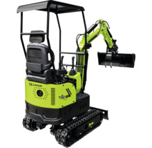 Zipper Minibagger in Grün und Schwarz mit Kettenantrieb, Schaufel und Schutzdach