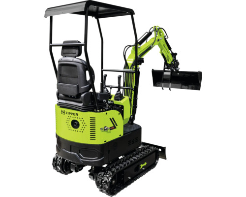 Zipper Minibagger in Grün und Schwarz mit Kettenantrieb, Schaufel und Schutzdach