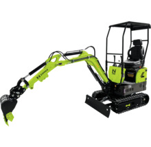 Zipper Minibagger mit Gummiketten, Grabschaufel, Fahrersitz unter einem Schutzdach und einem Planierschild.