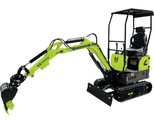 Zipper Minibagger mit Gummiketten, Grabschaufel, Fahrersitz unter einem Schutzdach und einem Planierschild.