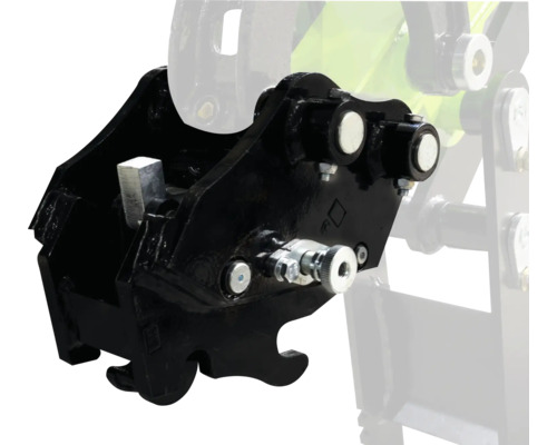 Mechanischer Schnellwechsler für Baumaschinen aus schwarzem Metall mit manueller Verriegelung.