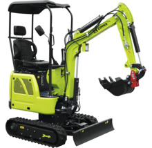 Zipper Minibagger mit Gummiketten, Räumschild, Ausleger und Tieflöffel sowie Schutzdach.