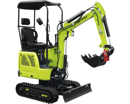 Zipper Minibagger mit Gummiketten, Räumschild, Ausleger und Tieflöffel sowie Schutzdach.