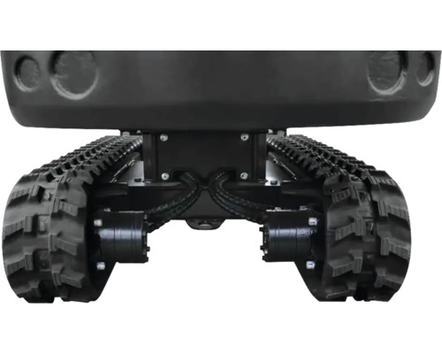 Detailansicht des Fahrwerks eines Minibaggers mit schwarzen Gummiketten, hydraulischen Fahrmotoren und verstärktem Metallrahmen.