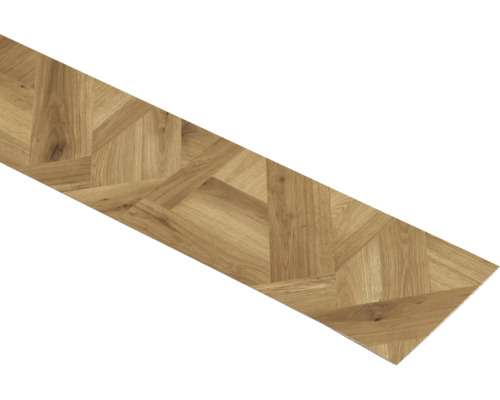 Laminatboden mit geometrischem Muster in Eichenoptik, einzelne Diele.