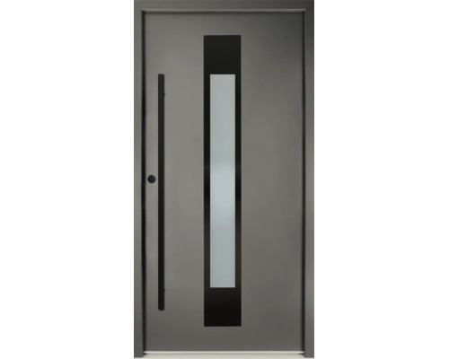 Moderne Hauseingangstür in Anthrazit mit vertikalem Lichtausschnitt aus Glas und schwarzer Stoßgriffstange.