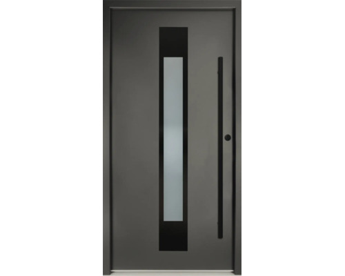 Moderne Haustür in Anthrazit mit schmalem vertikalem Lichtausschnitt aus Milchglas und langer Griffstange.