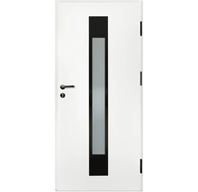 Weiße Zimmertür mit vertikalem, schwarz eingerahmtem Lichtausschnitt aus mattiertem Glas, schwarzem Türdrücker und schwarzen Bändern.