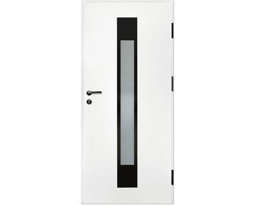 Weiße Zimmertür mit vertikalem, schwarz eingerahmtem Lichtausschnitt aus mattiertem Glas, schwarzem Türdrücker und schwarzen Bändern.