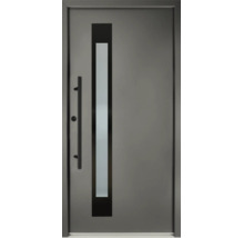 Moderne Haustür aus Aluminium in Grau mit vertikalem satiniertem Lichtausschnitt und langem Stangengriff.