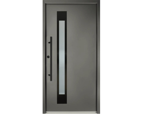 Moderne Haustür aus Aluminium in Grau mit vertikalem satiniertem Lichtausschnitt und langem Stangengriff.