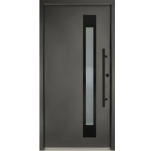 Moderne Haustür in Anthrazit mit schmalem Lichtausschnitt und langem schwarzen Stangengriff.