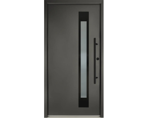 Moderne Haustür in Anthrazit mit schmalem Lichtausschnitt und langem schwarzen Stangengriff.
