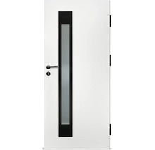 Moderne weiße Innentür mit vertikalem Lichtausschnitt aus Milchglas und schwarzen Beschlägen.