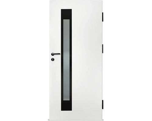 Moderne weiße Innentür mit vertikalem Lichtausschnitt aus Milchglas und schwarzen Beschlägen.