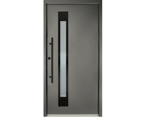 Moderne Haustür in Anthrazit mit vertikalem Glasausschnitt, schwarzem Stangengriff und passender Zarge.