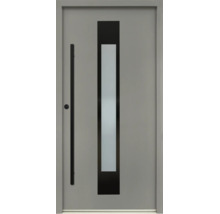 Moderne Haustür in Grau mit vertikalem Glasausschnitt, schwarzer Applikation und schwarzer Stoßgriffstange.