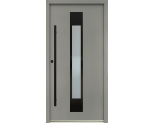 Moderne Haustür in Grau mit vertikalem Glasausschnitt, schwarzer Applikation und schwarzer Stoßgriffstange.