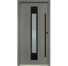 Moderne graue Haustür mit schwarzem Stangengriff und vertikalem Lichtausschnitt aus Milchglas.