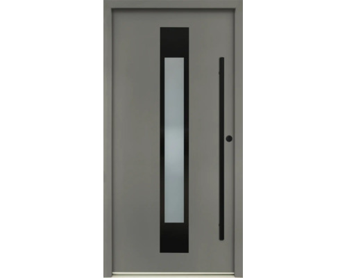Moderne graue Haustür mit schwarzem Stangengriff und vertikalem Lichtausschnitt aus Milchglas.