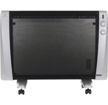 ROWI Wärmewellenheizgerät mit schwarzem Metallgitter, silbernem Gehäuse und zwei Drehreglern auf Rollen.