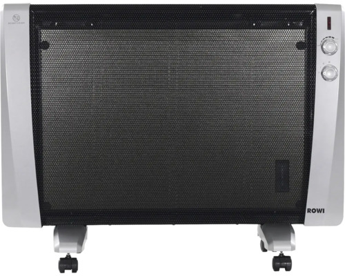 ROWI Wärmewellenheizgerät mit schwarzem Metallgitter, silbernem Gehäuse und zwei Drehreglern auf Rollen.