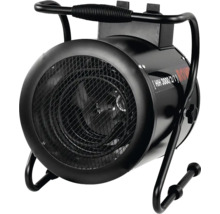 Schwarzer Elektro-Heizlüfter ROWI mit Metallgehäuse, Schutzgitter und Tragegriff.
