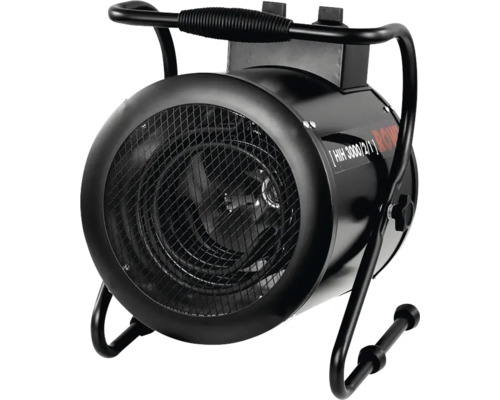 Schwarzer Elektro-Heizlüfter ROWI mit Metallgehäuse, Schutzgitter und Tragegriff.