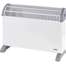 Weißer Rowi Konvektor mit grauen Standfüßen und Belüftungsgitter an der Oberseite.