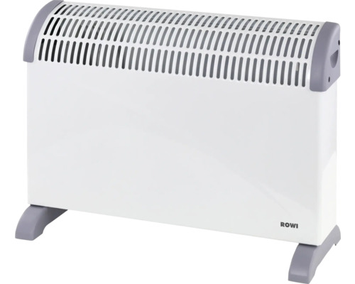 Weißer Rowi Konvektor mit grauen Standfüßen und Belüftungsgitter an der Oberseite.