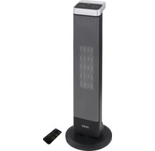 ROWI Turmheizgerät in Schwarz und Silber mit Fernbedienung, digitalem Display und rundem Standfuß.