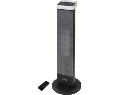 ROWI Turmheizgerät in Schwarz und Silber mit Fernbedienung, digitalem Display und rundem Standfuß.
