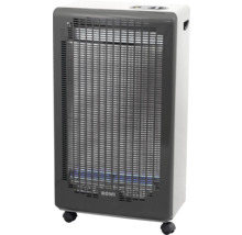 Mobiler ROWI Gasheizofen mit Frontgitter, Rollen und sichtbarer blauer Flamme.