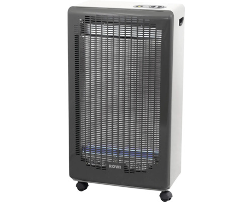 Mobiler ROWI Gasheizofen mit Frontgitter, Rollen und sichtbarer blauer Flamme.