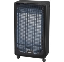 Schwarzer Gasheizofen von Rowi auf Rollen mit Lüftungsgitter.