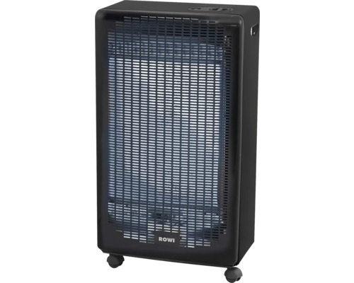 Schwarzer Gasheizofen von Rowi auf Rollen mit Lüftungsgitter.