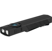 Schwarze Olight LED-Taschenlampe mit flachem Gehäuse, zwei Leuchtdioden, Halteclip und USB-Anschluss.