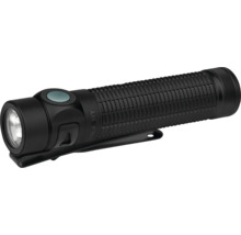 Schwarze Taschenlampe mit profilierter Grifffläche und Befestigungsclip.