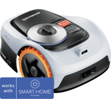 Segway Navimow Mähroboter mit orangefarbenen Rädern, Einstellrad, Kamera und Smart Home by Hornbach Logo.