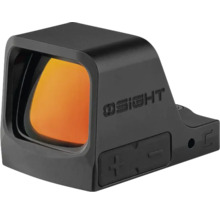 Schwarzes kompaktes Rotpunktvisier mit OSIGHT Logo und Einstelltasten für plus und minus.
