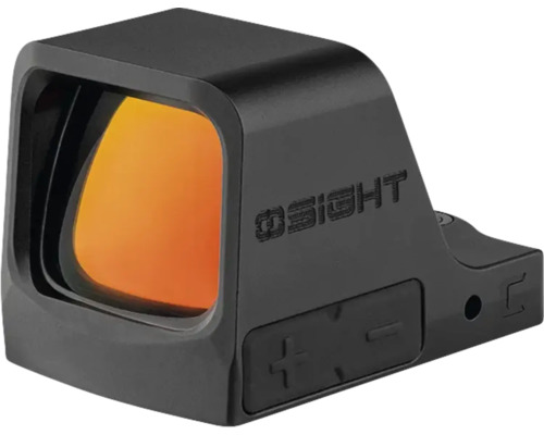 Schwarzes kompaktes Rotpunktvisier mit OSIGHT Logo und Einstelltasten für plus und minus.